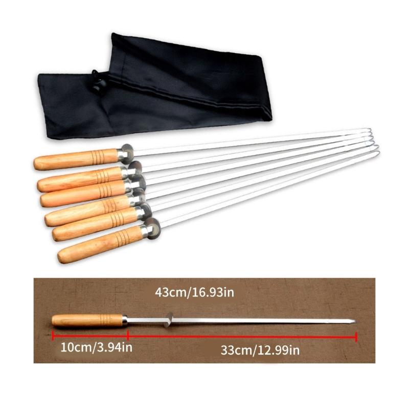 6Pieces Stainless Steel Barbecue Skewers Non Slip Wood Handles BBQ Stick for Camping Flat Metal Kebab Skewers Kitchen