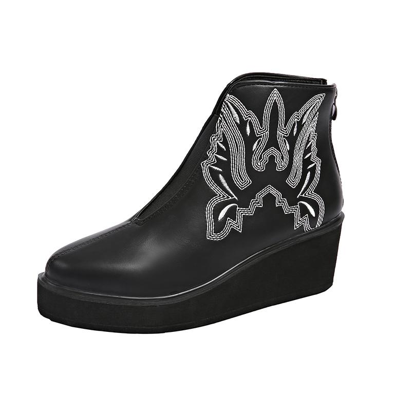 Women Wedges Ankle Boots Embroidery Designer Retro Mid Heels Shoes  Trend Winter New Classic Goth Leather Botas De Mujer