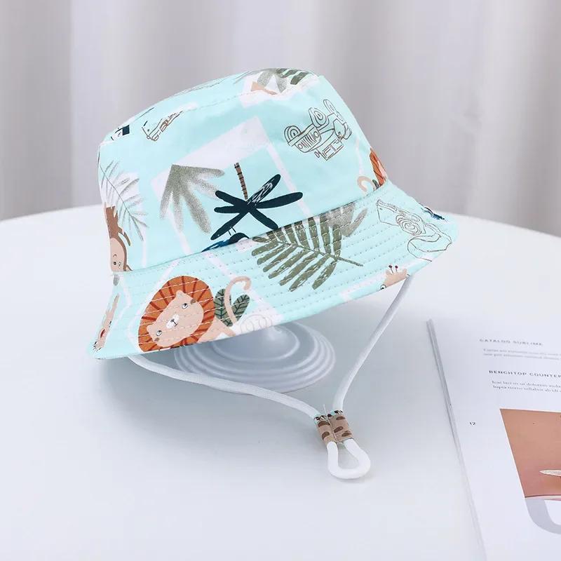 Baby Sun Hat Summer Kids Cartoon Dinosaur Print Soft Cotton Bucket Hat For Girls Boys Panama Beach UV Protection Cap Children