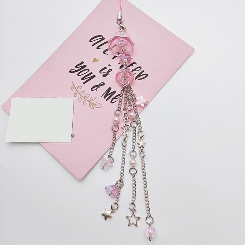 Cute Bead Pendant Phone Chain Y2K Style Fashion Purple Fringe Heart Star Bead Phone Lanyard for Girls Women Backpack
