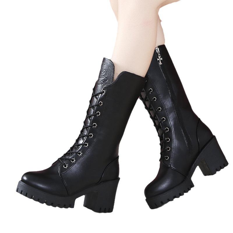 Plus Size Mid Calf Motorcycle Boots Winter New Martin Boots Women Chunky Heel Platform Military Boots