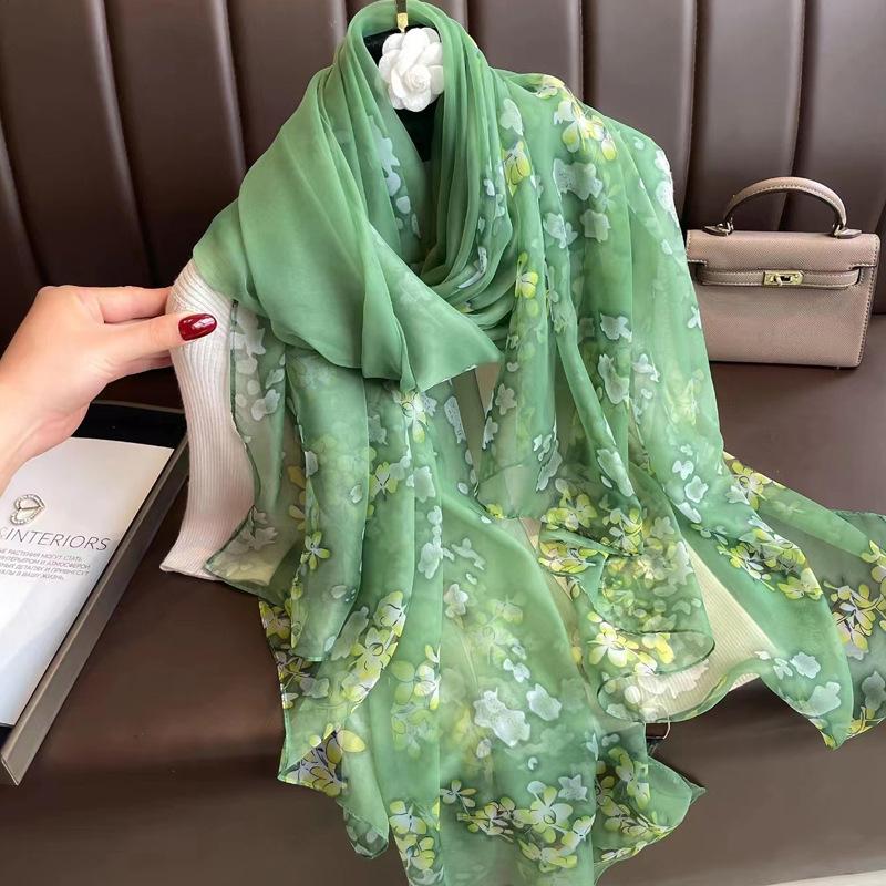 Classic Floral Silk Gauze Scarf - Versatile, Lightweight Sun Protection Shawl for Women, Ideal for Spring, Summer, and Autumn