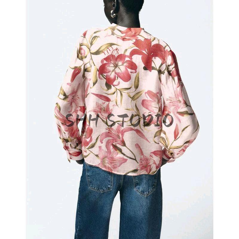 Spring New Women's Clothing Flower Print Fashion Vertical Lapel Long Sleeve Shirt 5029055 5029053