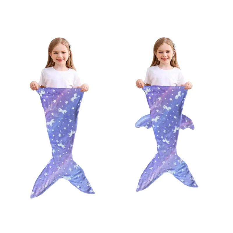 2026 New Night Glow Cartoon Rainbow Unicorn Mermaid Tail Blanket Flannel Wearable Super Soft Glow Gifts for Girls All Seasons