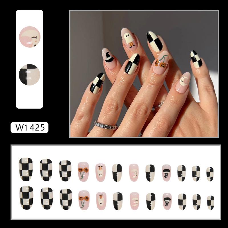 Funny cute milk white checkerboard niche manicure European and American oval fake nail finished product wearing nail mixed batch