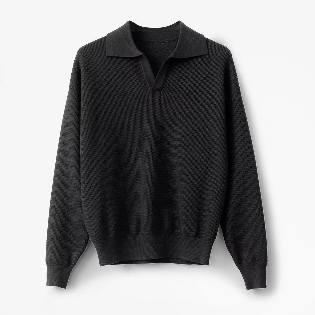 Men's Korean Retro V-Neck Polo Collar Knit Sweater for Autumn/Winter