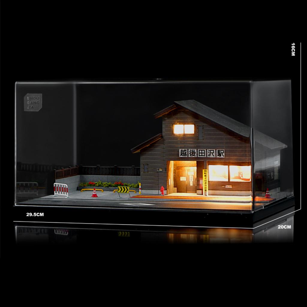 1/64 Model Car Display Case with 3 Figures Station Diorama Light Ornament Miniature Scene