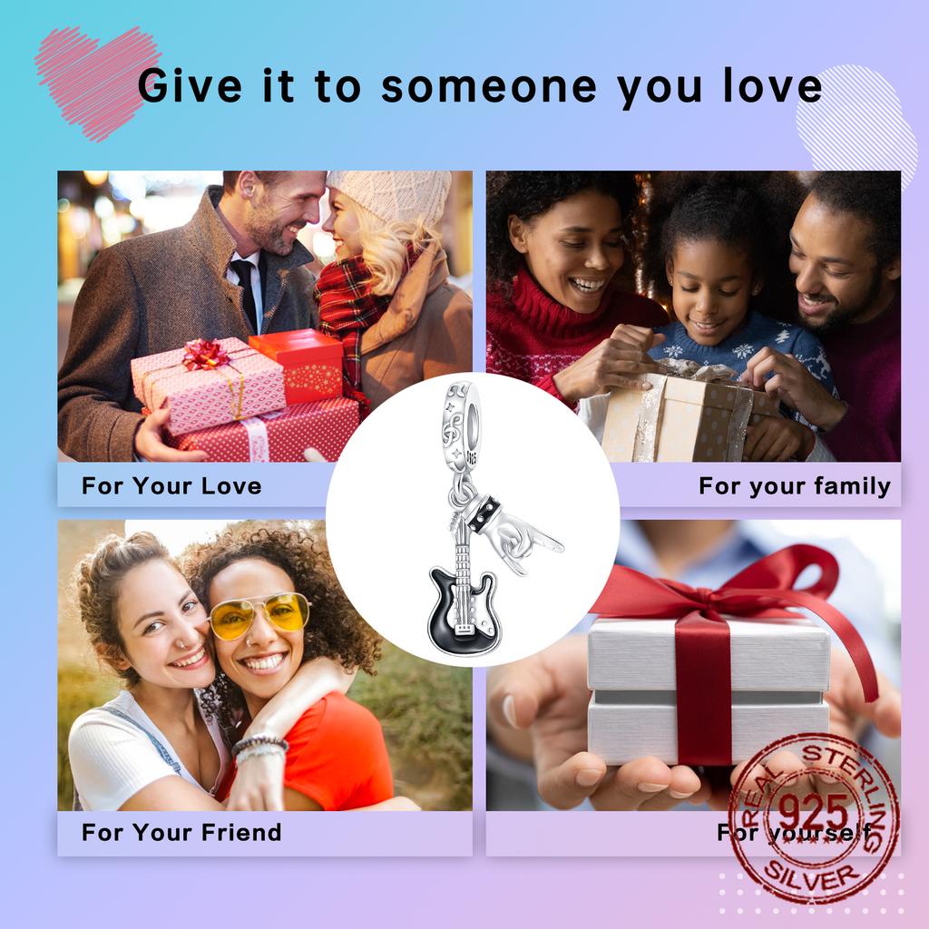Rock Music Guitar Charms 925 Silver Pendant for Bracelet Necklace DIY Jewelry Dangle Charm