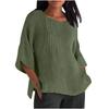 Seven Quarter Sleeve Pleated Round Neck Top Cotton and Linen Women’s Blouses & Shirts