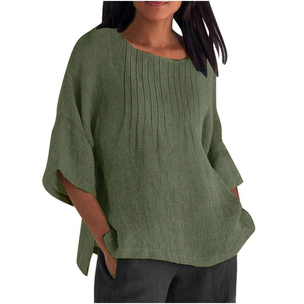 Seven Quarter Sleeve Pleated Round Neck Top Cotton and Linen Women’s Blouses & Shirts