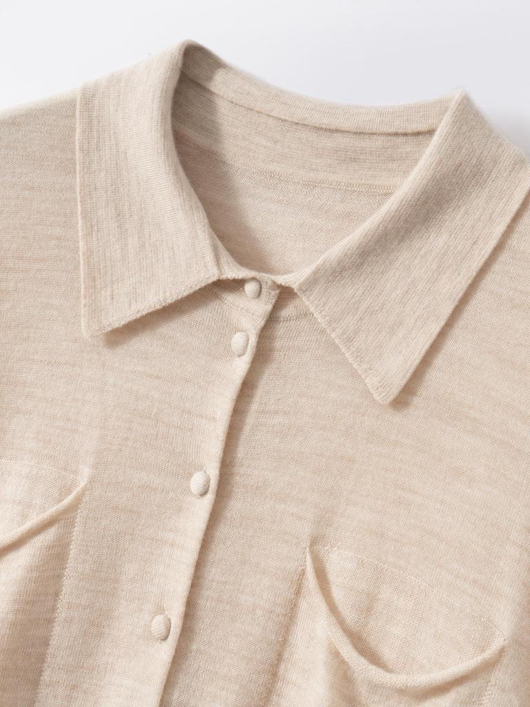 Autumn/Winter Women's Pure Wool Polo Collar Knit Cardigan