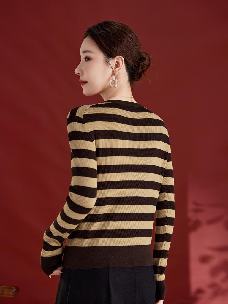 Color Block Striped V-Neck Slimming Knit Women's Cardigan, New Autumn Style, Merino Wool Silk Blend