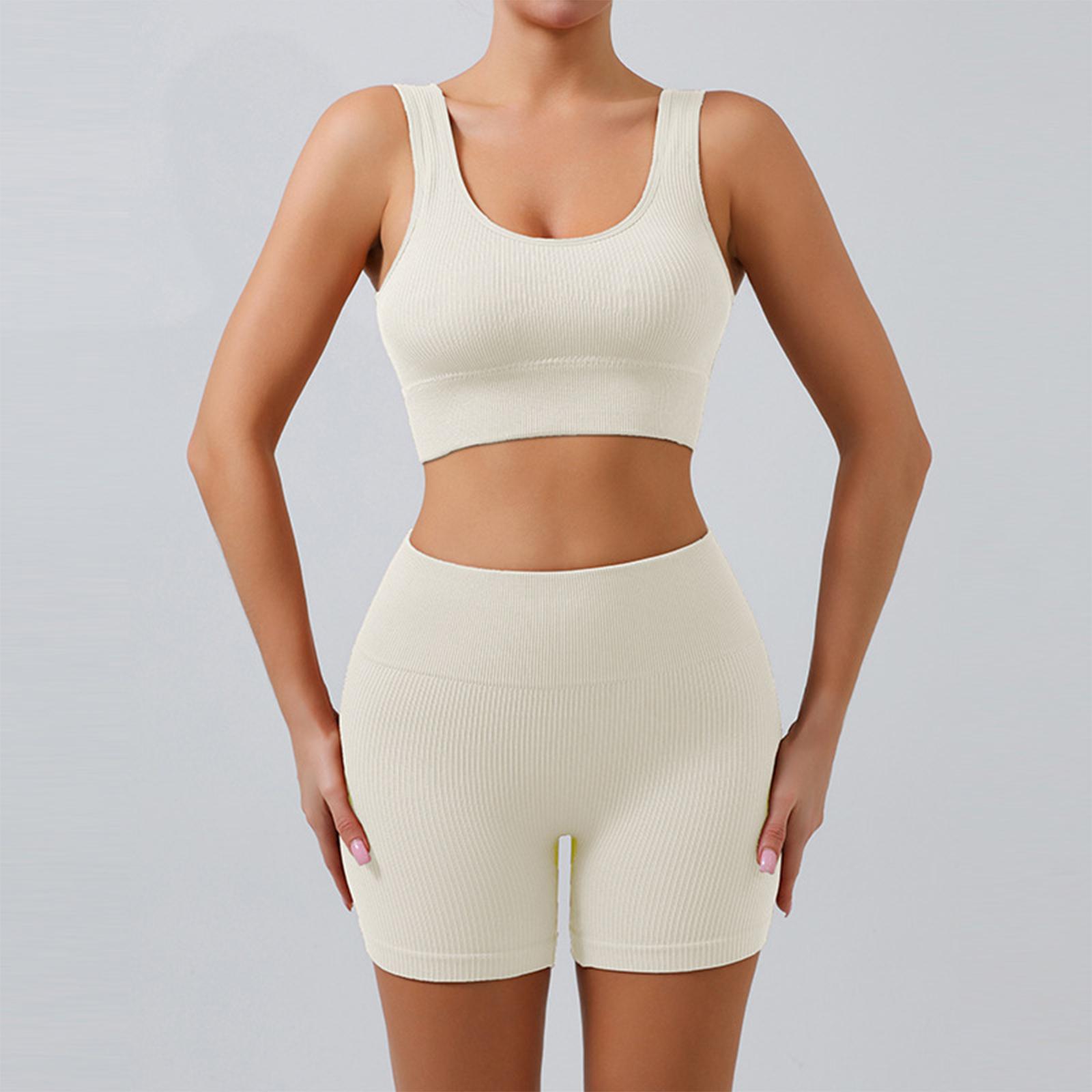 

Women s Casual Color U-neck Sleeveless Bra Top Seamless Shorts Knitted Sports Yoga Fitness Two-piece Set L бежевый
