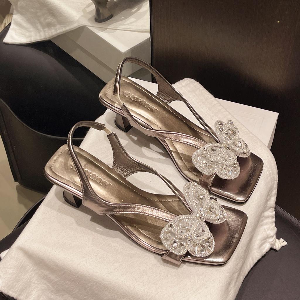 2025 été bout carré strass nœud stiletto chaussures pour femmes couleur unie bride arrière polyvalent décontracté dame sandales à talons hauts