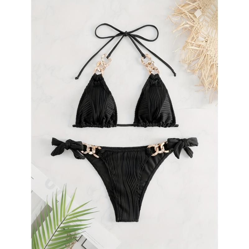 

Women s Black Textured Fabric Gold Chain Decorated Triangle Two-Piece Bikini Swimsuit S чорний