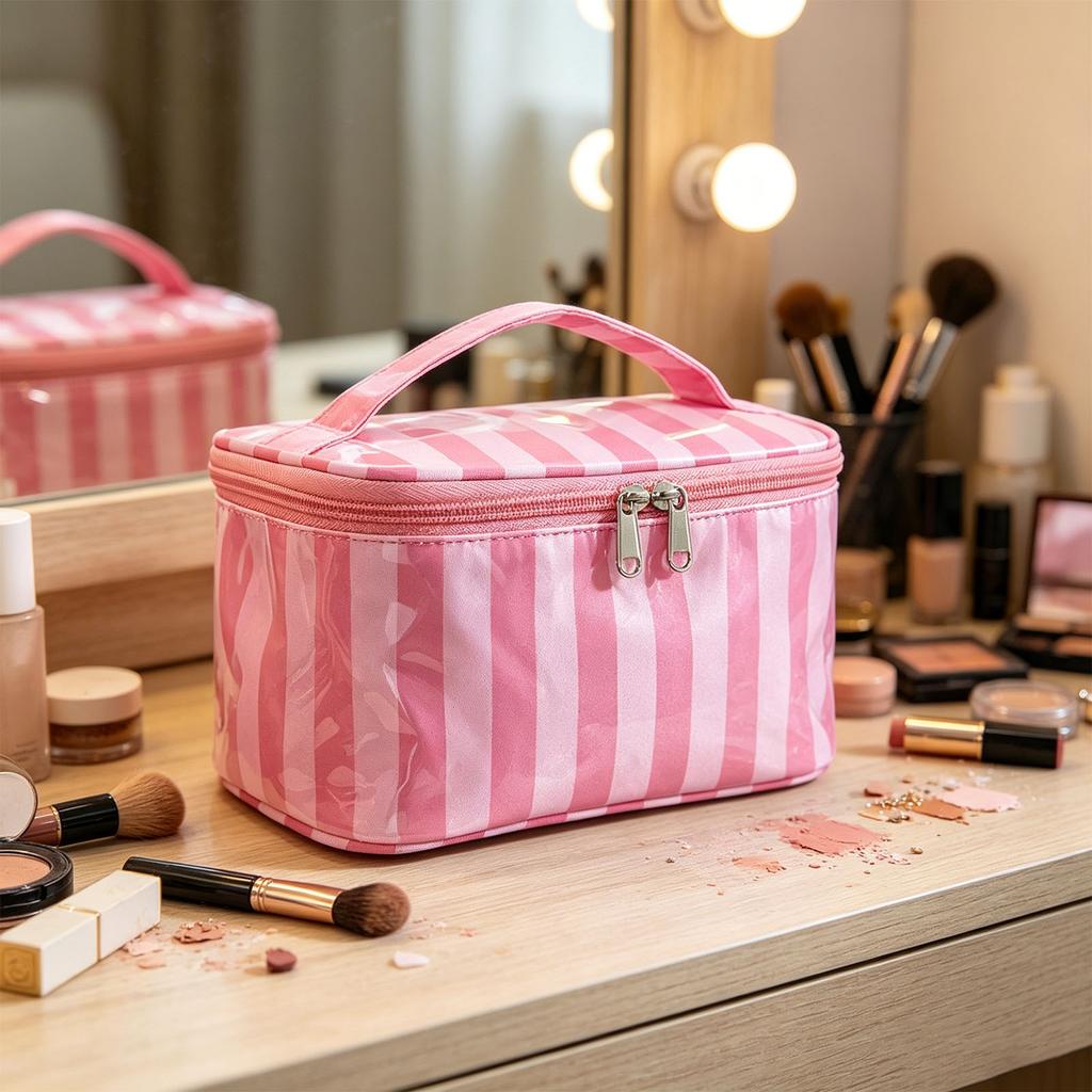 Large Capacity Waterproof PVC Travel Makeup Bag with Handle Striped Design Cosmetic Storage Organizer for Toiletries and Accessories