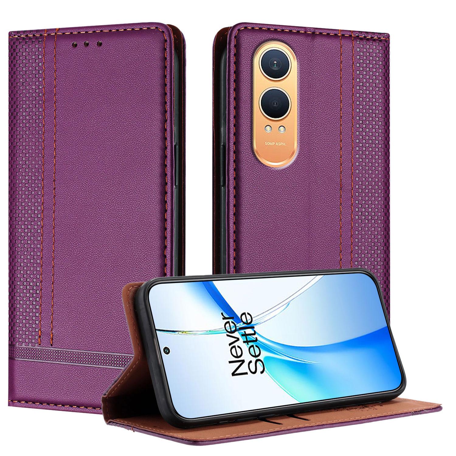 

Для OnePlus Nord CE4 Lite 5G Чехол Кожаный чехол-подставка с L-образным сетчатым узором и слотами для карт Purple