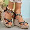 Böhmische Quasten Keilabsatz Sandalen für Damen Sommer 2025 Bedruckte Geflochtene Gladiatorsandalen Frau Klobige Plateau Sandalen