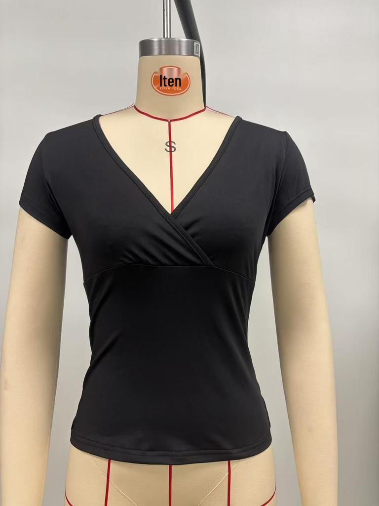 2025 Spring/Summer Women's Solid Color V-neck Slim-fit T-shirt, Short-sleeved European & American Style