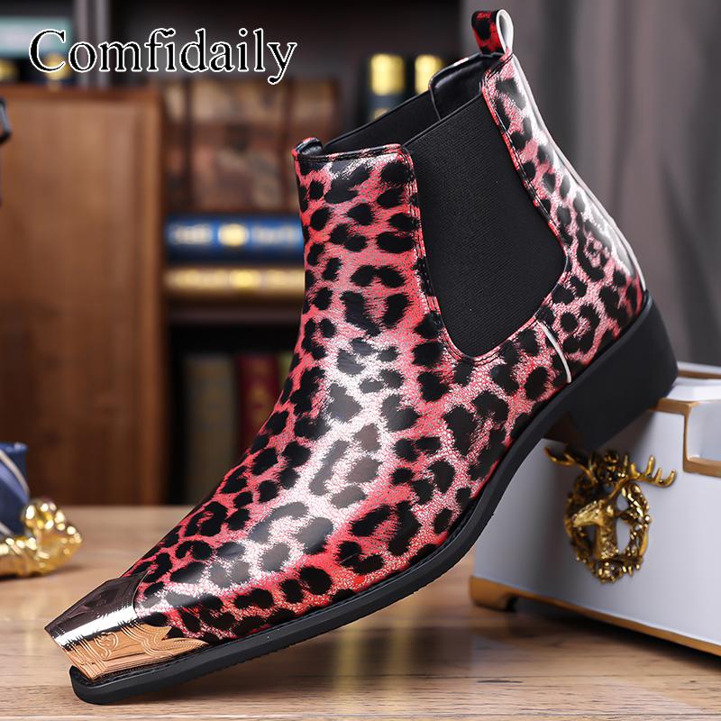 

New Men s Animal Fashion Print Chelsea Boots - Bling Pattern Ankle Boots with Metallic Toe & Elastic Side Gore for Street Style 38 коричневый