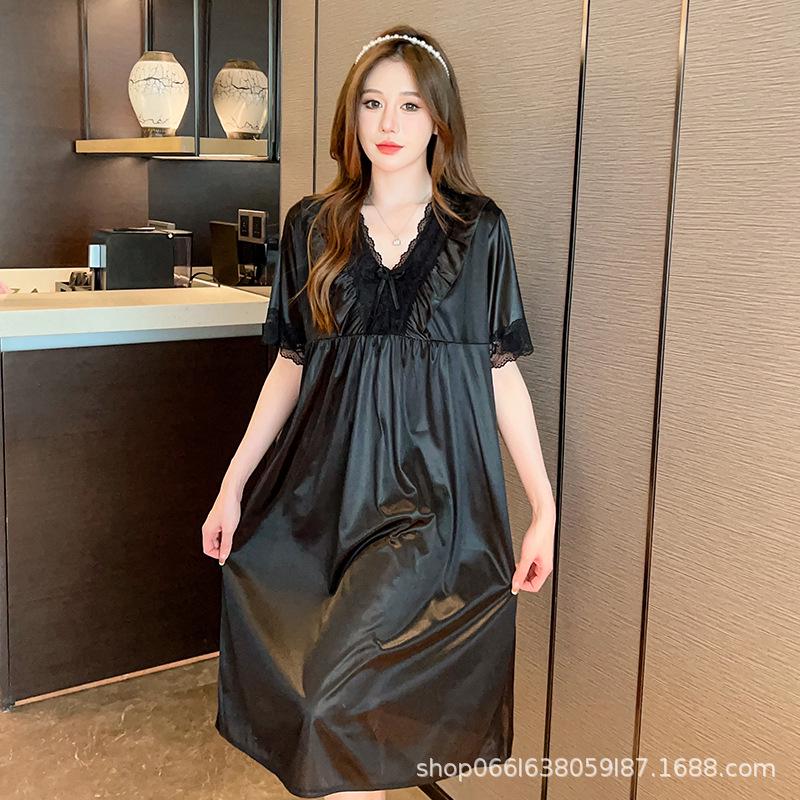 

Летняя ночная рубашка из ледяного шелка с кружевной отделкой больших размеров – свободный крой с короткими рукавами для женщин One Size