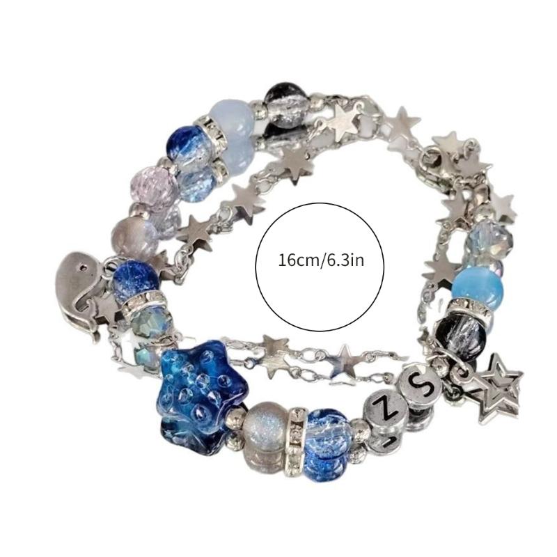 Trendy Blue Crystal Beads Bracelets for Women Girls Harajuku Cute Handmade Star Metal Chain Bracelet Best Friend Jewelry Gifts