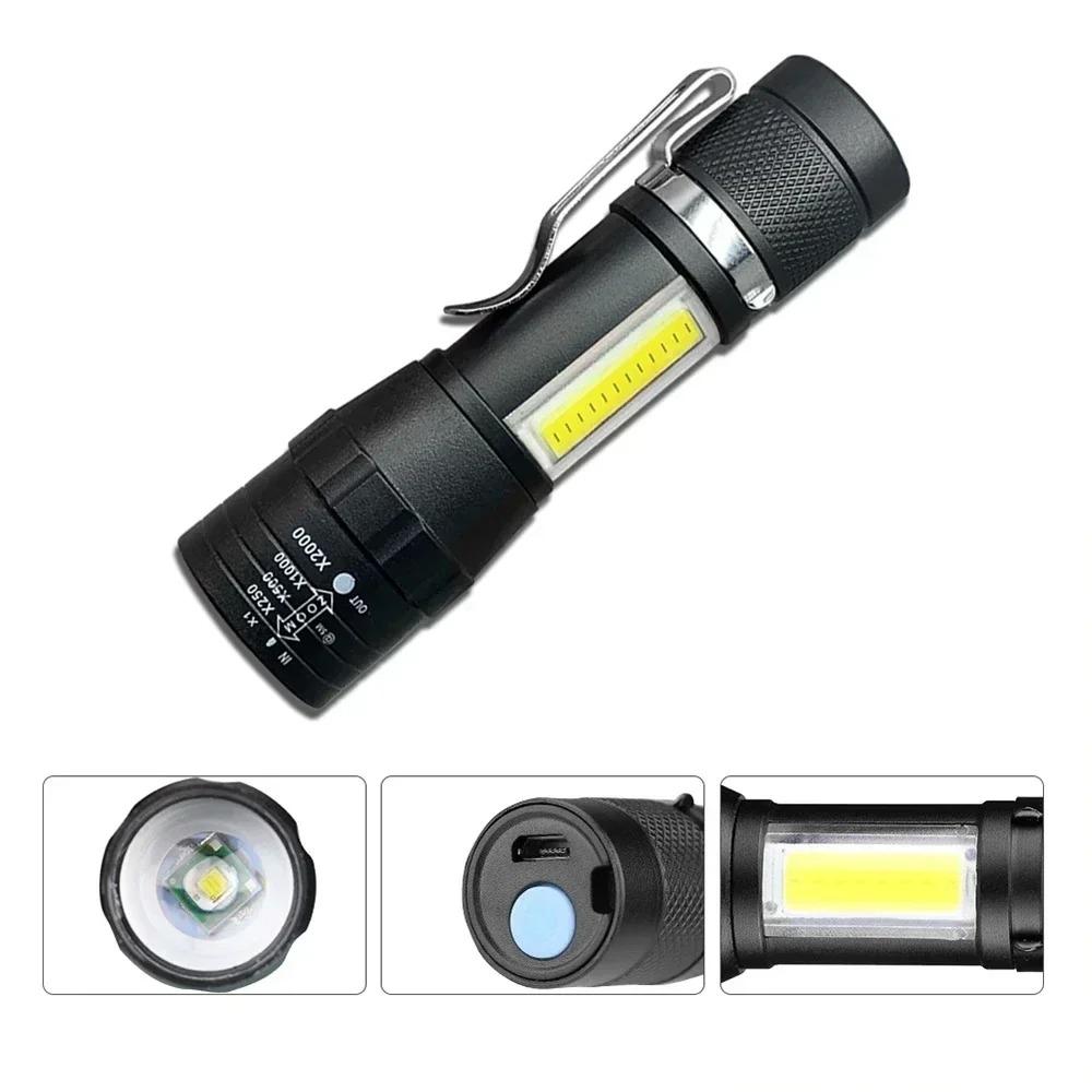 Powerful Mini LED COB Flashlight USB Rechargeable Zoomable Torch with Pen Clip Outdoor Camping Emergency Portable Flashlight
