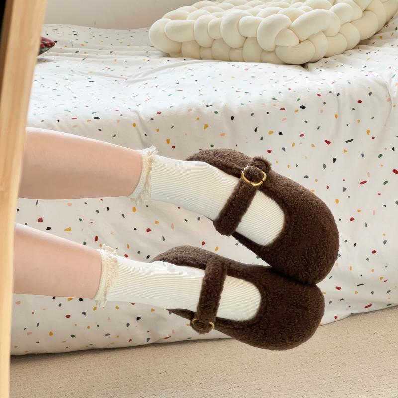 Winter Design Fur Women Mary Jane Shoes Concise Soft Sole Outdoor Shoes Ladies Comfort Warm Cotton Flats Shoes