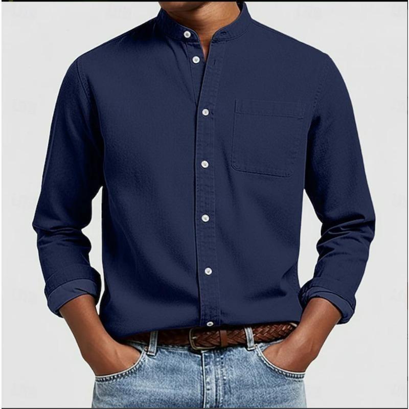 Camicia da uomo in misto lino con colletto alla coreana e taschino sul petto per l'uso quotidiano