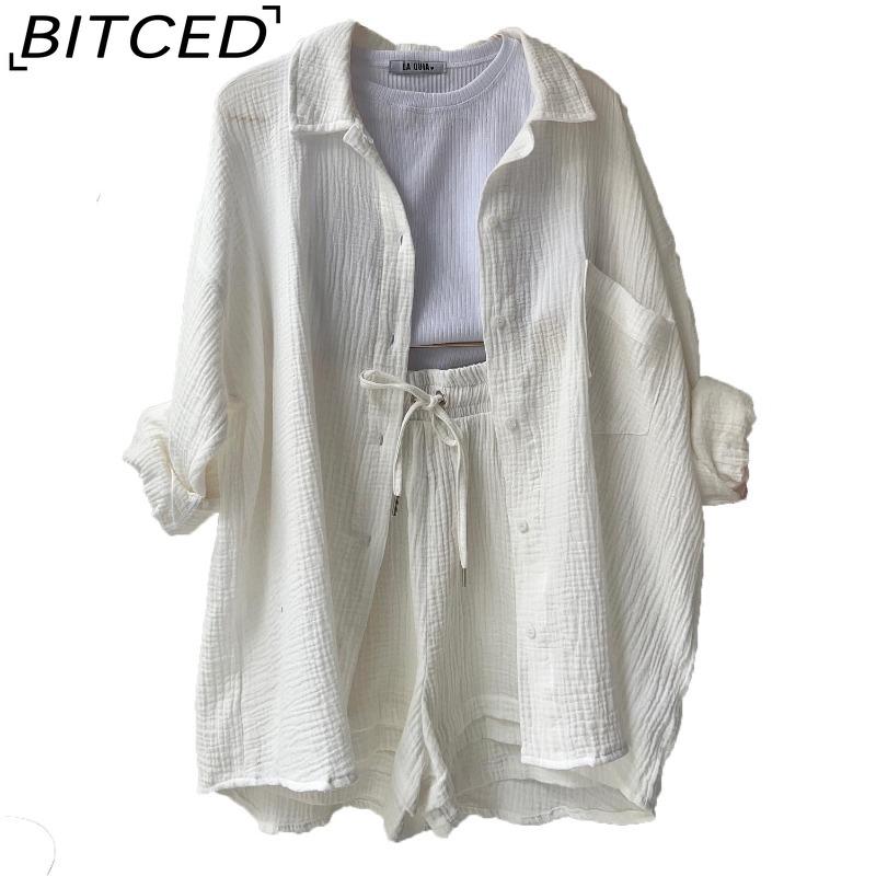 

BITCED Жіночий комплект із двох предметів: сорочка з довгими рукавами та плісованими лацканами, шорти з високою талією та шнурком, модний повсякденний костюм великого розміру S білий