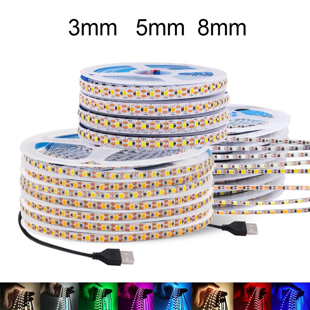 DC 5V USB LED Strips 2835 120Leds/m White Warm White Led Strip Light TV Background Lighting 3mm 5mm 8mm Tape Home Decor Lamp