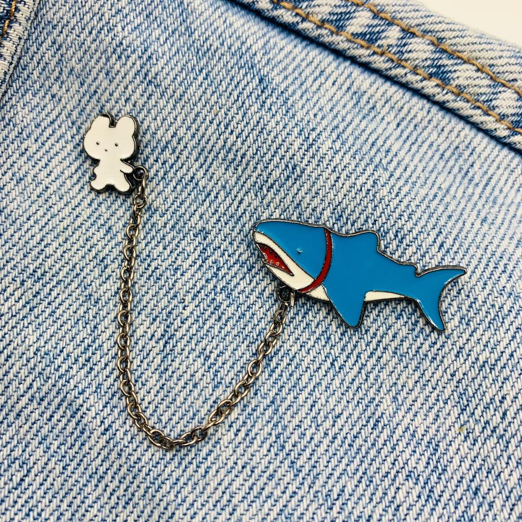New Enamel Pin Funny Shark with Rabbit Chain Metal Connector Gift Birthday 1 Piece