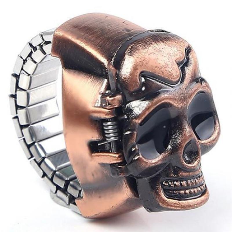 Men's Vintage Skull Finger Ring Watch Cool Punk Quartz Clamshell Ring Watch