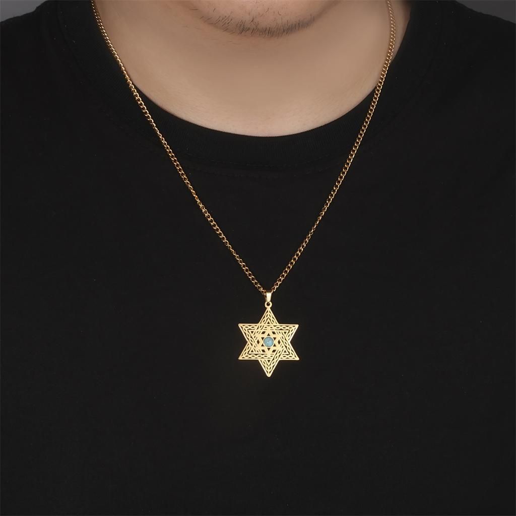  Artificial Gemstones Hexagram Necklace Stainless Steel Retro Star of David Hexagon Pendant Chain Classic Jewish Jewelry