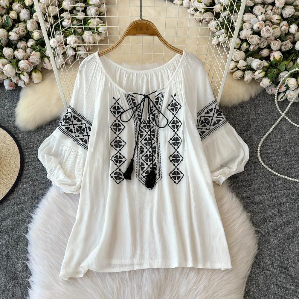 

Повседневная Свободная Винтажная Этнический Стиль Тяжелые Рубашки Вышивка Шнуровка Французский Стиль Кроп-Топ Принт Кисточки Литературные Блузки One Size белый