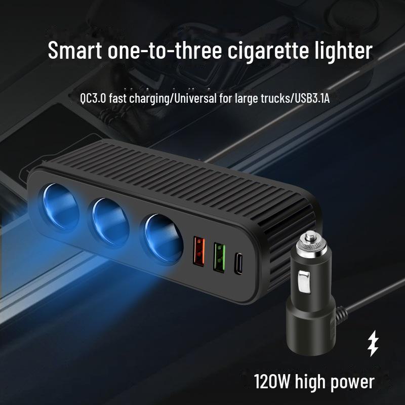120W Dual USB + PD 30W Schnell-Autoladegerät: Ein-zu-Drei Zigarettenanzünderadapter mit intelligentem Multifunktionsladen.