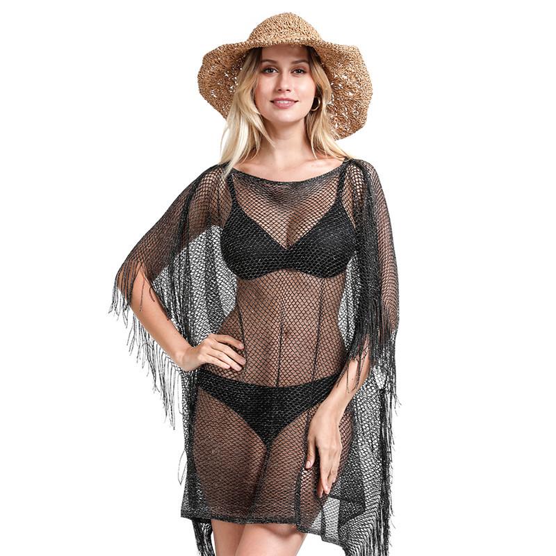 Women's Tassel Cardigan Beach Cover-Up Shawl: Sun Protection Bikini Cover, European & American Style, Hollow Out Design