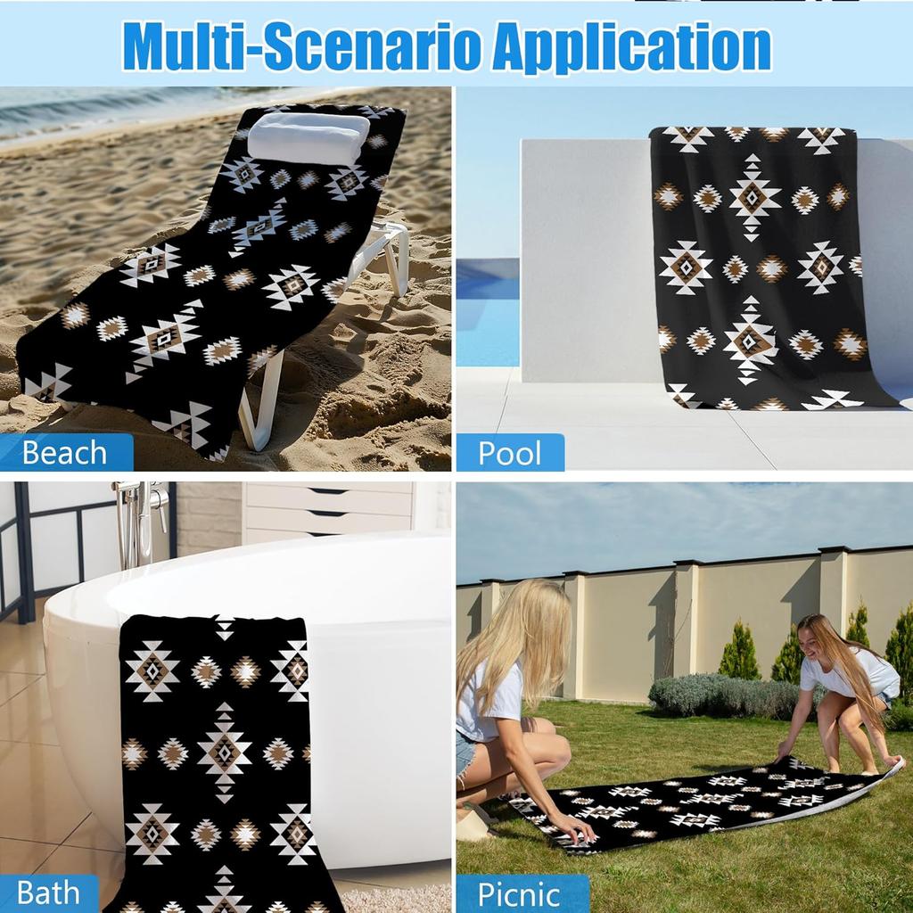 Black Western Sand Beach Towels Gifts for Men Women Adults, Boho Southwestern Quick Dry Bath Pool Towels for Bathroom Swimming