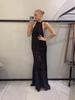 2026 Off-Shoulder Spaghetti Strap Sequined Backless Halter Long Dress - Elegant Solid Color