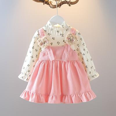 Girls' Dresses Spring and Autumn Clothes 2024 New Children's Long-sleeved Children's Clothing Cute Cherry Bear Suspender Dress