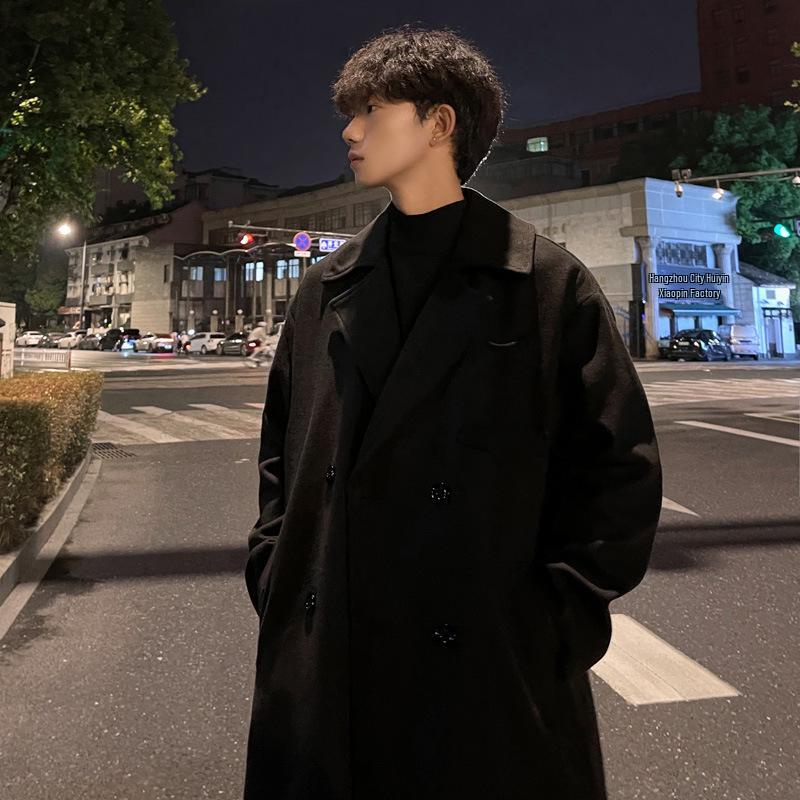 

Korean-Style Men s Mid-Length Double-Breasted Woolen Trench Coat 3XL чорний