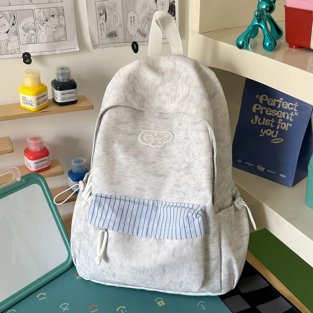 Schoolbag Fog Hemp Gray Blue Stripe Japanese Ins Junior High School Students Campus Class Commuting Versatile Going Out Lightweight Backpack