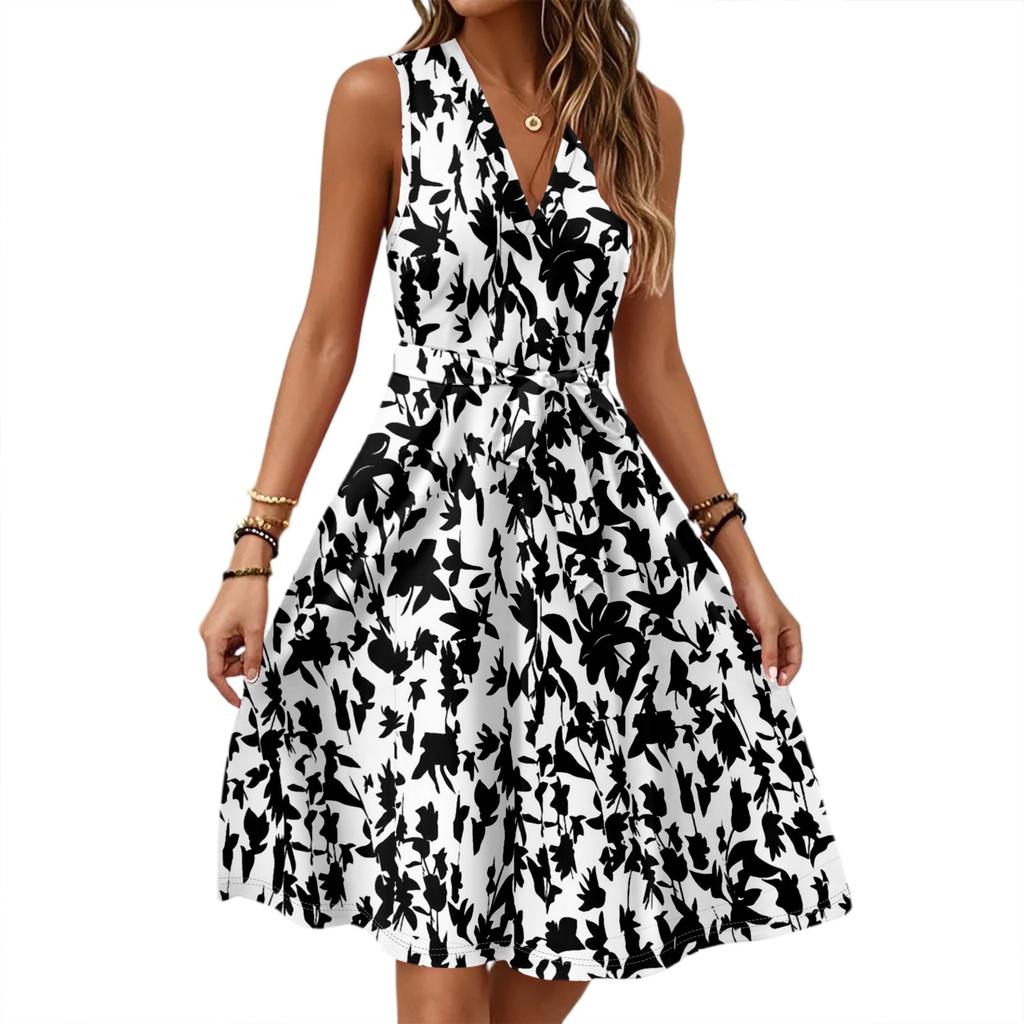 Dame Vår- og Sommer Casual V-hals Ermeløs Midje Blomstertrykk Midi Kjole