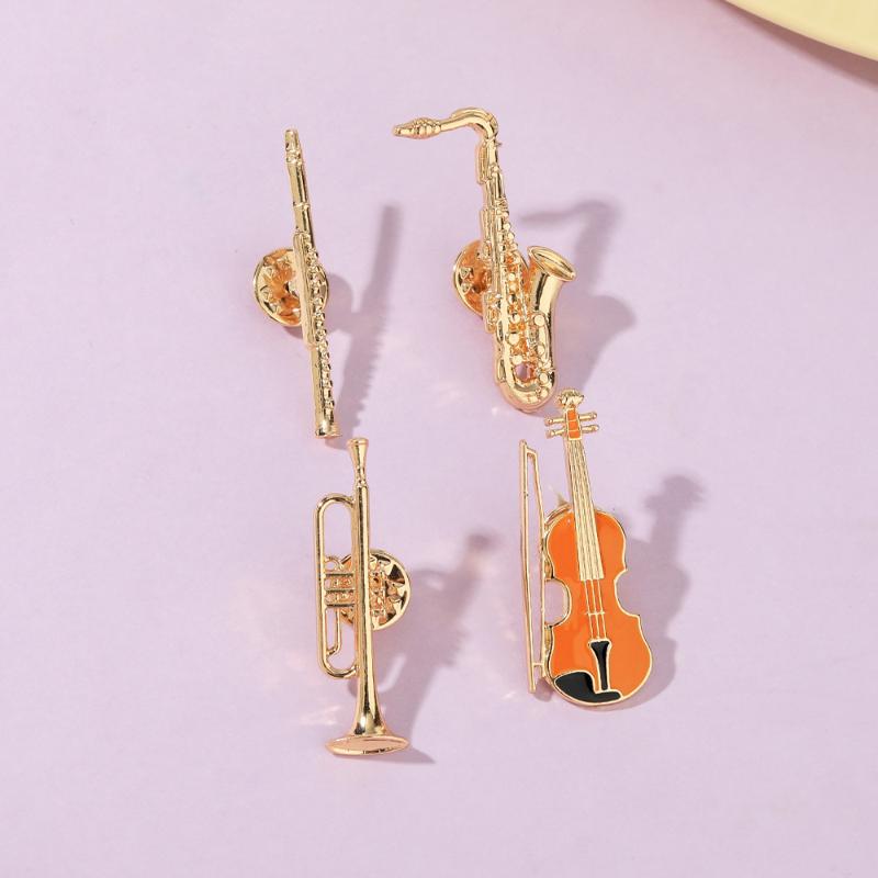 1Pcs Symphony Orchestra Badge Funny Musical Instruments Enamel Brooches Trumpet Clarinet Saxophone Violin Shaped Golden Pins