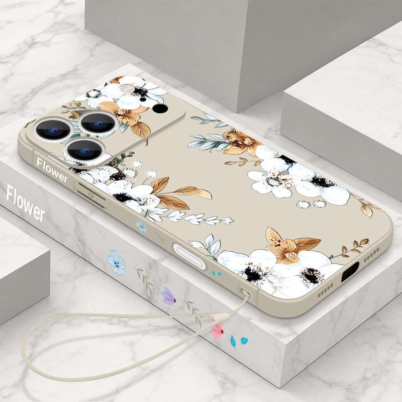 Lanyard Case For iPhone 17 Pro Max Black White Rose Flowers Soft TPU Silicone Phone Cover For iPhone 16 15 14 13 Pro Max 17E