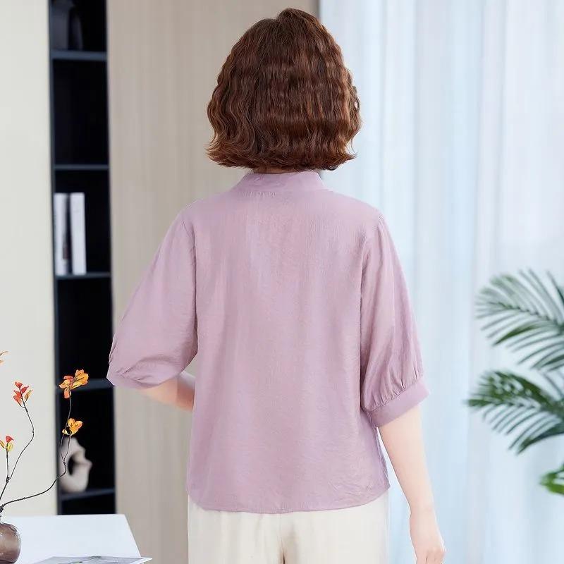 Damen Leinen Baumwolle Bestickte Bluse Lässig Stehkragen 3/4 Puffärmel Hemd