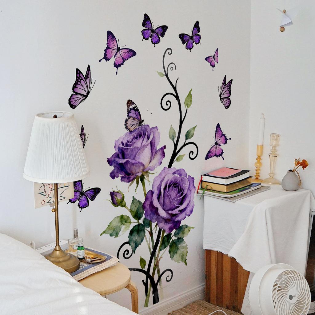 Valentine's Day Floral Wall Stickers, Rose Butterfly Decor, Living Room Bedroom Kids Room Holiday Background Wall Art