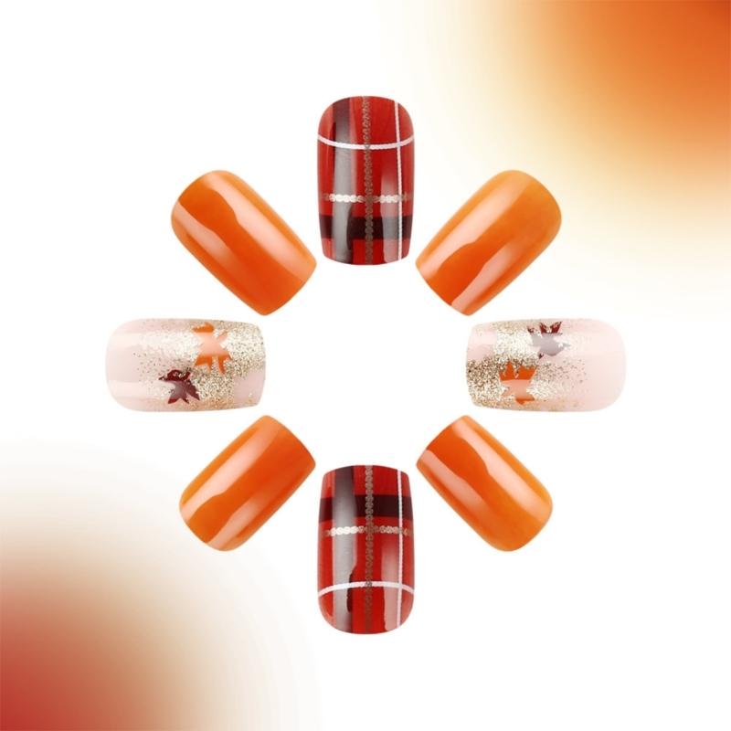 Thanksgiving Fall Press on Nails Medium Square False Nails Maple Leaf Orange Glitters Strips Acrylic Nails Stick on Nail