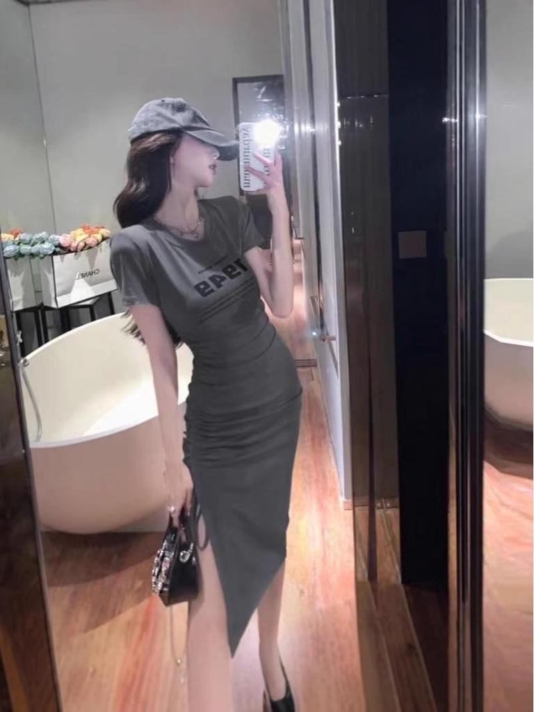 Chic Summer Side-Slit Dress with Drawstring Waist and Ruched Skirt