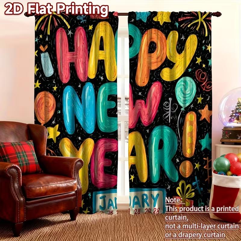 2 Pcs Happy New Year Print Curtains,suitable for Bedroom,living Room Kitchen Decoration,home Decoration,window Curtain